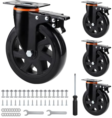 SWAWIS 4Pcs Roulette Pivotante avec Frein 150mm, Roulette Charge Lourde avec Vis, Roulettes pour Meubles Polyuréthane, Jusqu'à 800KG, Roues pour Meubles, Lit, Table, Armoire