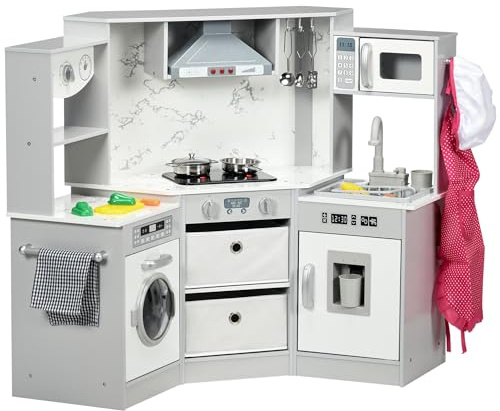 AIYAPLAY Kids Corner Kitchen, Toy Play Kitchen, Role Play Toddler Kitchen with Running Water, Lights, Sounds, Apron and Chef Hat, Water Dispenser, Sink, Utensils, Ages 3-6 Years, Grey