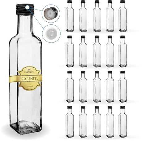 20 Glasflaschen 250 ml mit schwarzem Schraubverschluss und Ausgießer – ideal für Olivenöl, Essig, Saucen und Sirup | Ölspender | Espirito Rebelde