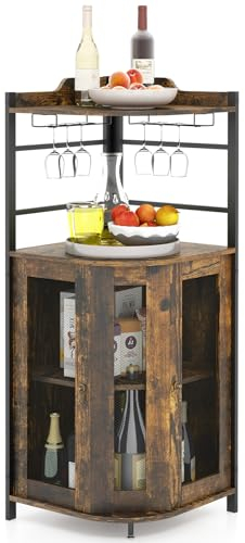 GIANTEX Weinschrank Eckschrank Industrial, Barschrank mit Glashalter, Weinbarschrank mit verstellbarem Regal, Küche Hausbar mit Metallgittertüren, Küchenschrank mit Kippschutz, 46 x 46 x 130 cm