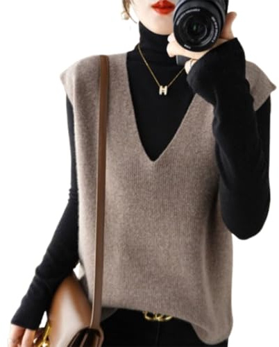hnomrsk Gilet en Cachemire tricoté, Pull sans Manches à col en V pour Femme, Gilet en Tricot Ample sans Manches (Large,Camel)