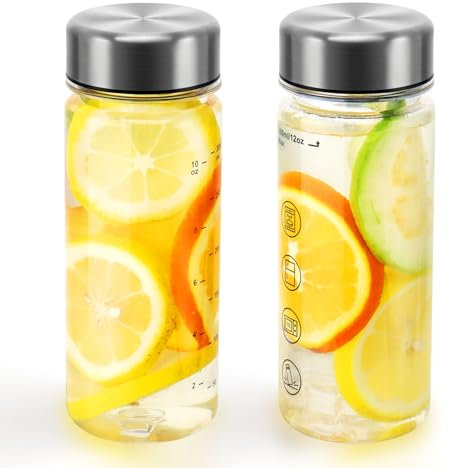 BuildLife Plastic Water Bottle with Stainlesss Steel Lid, 350ML Reusable Tritan Drinking Bottles BPA-Free Leak Proof Beverage Juice Container for School Office Sports (2pcs 350ml)