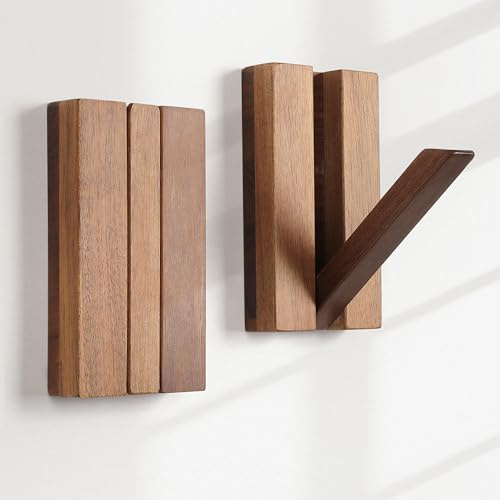 KINGSOW Flip‑Down Wall Hooks 2Pack: Magnetic Rustic Foldable Wooden Coat Hooks for Jacket Space Saving Design for Hallway