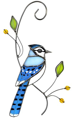 Iricrist Blue Jay Stained Glass Bird Suncatcher for Mom, Grandma, Women - Real Glass Window Hanging Ornament - Handmade Bird Lover Home Decor (Gifts Ready Packaging)