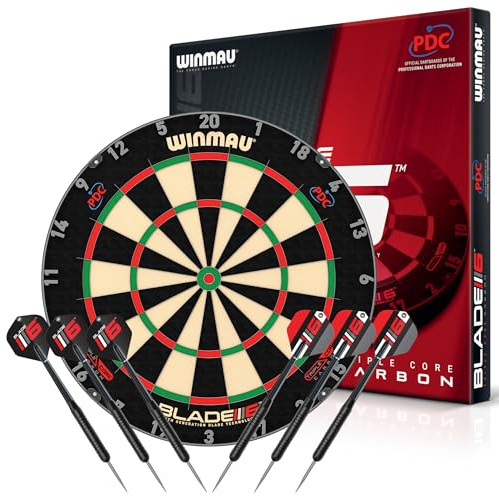 WINMAU Triple Core – Cible de fléchettes professionnelle en sisal avec 2 sets de fléchettes Winmau | Cible de fléchettes de tournoi avec la plus haute précision – ensemble de cible de fléchettes