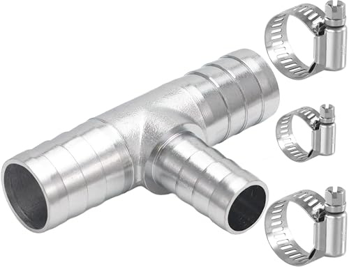 Sctihwelire Brass Reducing Tee Hose Barb Fitting 3-Way T Adapter Chrome-Plated, 3/4 (19mm) to 5/8 (16mm) to 3/4 (19mm) Splicer Mender with Clamps air Hose Repair kit for Pipe Line/Fuel/Air 1 PC