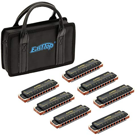 East Top Mundharmonikaset mit 7 Tasten,10 Hole T008K Professional Diatonic Blues Harmonica Mundharmonikaset mit 7 Tasten A B C D E F G Musikinstrument
