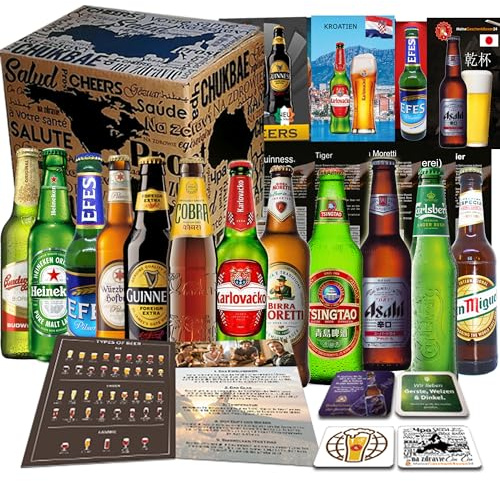 12x BIERE DER WELT,Geschenkidee für Geburtstag, Geschenkkarton + Tasting Anleitung + 12 x Produktinformation + 4 Bierdeckel Geschenk für Mann Geburtstag