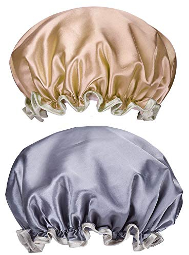 Gorros de Ducha Reutilizables,2 Pack Impermeables Gorro de Baño Doble Capa Mujeres Gorros de Pelo Elásticos para Dama Mujer Ducha Spa Salon Rosa +Oro Grande