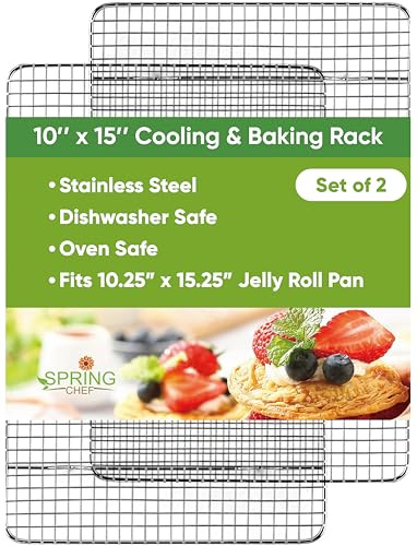 Spring Chef 10 x 15 Stainless Steel Cooling Racks for Baking - Oven Safe - Cookie Racks for Cooling Cookies - Fits Jelly Roll Pan - Perfect for Grilling, Roasting, Cooking, Drying - Set of 2