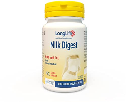 LongLife® Milk Digest | Lattasi - 5000 unità FCC | Digestione del lattosio e riequilibrio dell' intestino | Fino a 2 mesi di trattamento | Gusto vaniglia | Vegano e senza glutine
