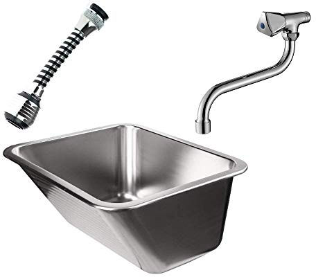 VBChome Ausgussbecken 55 x 45 x 22 cm mit Armatur Schwenkbrause Waschtrog Edelstahl Ablaufgarnitur für Gewerbe Waschraum Garten 50