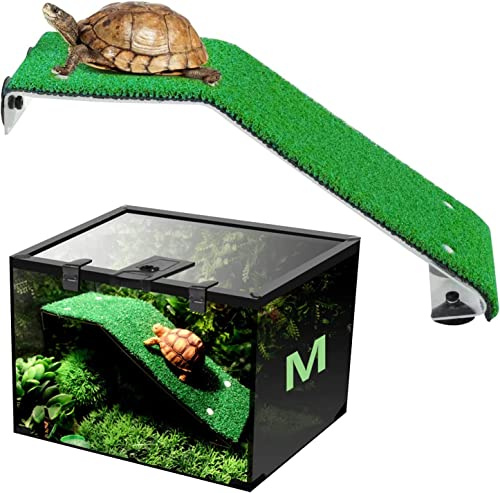 aleawol Schildkrötenrampe, Schildkrötenleiter, Sonnenplattform, Saugnapf, für Reptilien, Plattform, Schildkrötenbecken, mit künstlichen Rasenflächen, Aquarium-Dekoration, Ausruhen, Spielen (M)