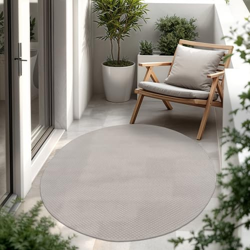 Paco Home Outdoor Teppich, Wetterfest Pflegeleicht Küchenteppich Ideal für Terrasse Balkon Garten, Flachgewebe Sisaloptik Modern Einfarbig meliert, 160 cm Rund, Elfenbein