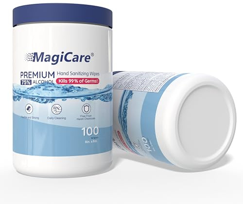 MagiCare 75% Large Alcohol Wipes (2, 100ct Canisters, 200ct) - Hand Sanitizer Wipes, Unscented Hand Wipe, Cleaning, Sanitizing Wipe - Home, Office, Classroom, Car, Camping