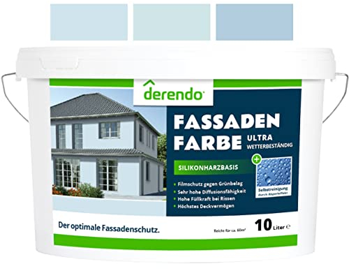 derendo Silikonharz Fassadenfarbe Blau ULTRA Wetterschutz Babyblau 10 l aussen Fassade Silikonharzfarbe mit Abperleffekt Lotus Blatt Fassadenschutz Schmutzabweisende Silikonharzbeschichtung