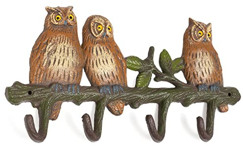 Moritz Wandgarderobe Eule Gusseisen 31 cm – 4 Haken Kinder Waldtiere | Drei bunt bemalte Eulen auf einem Ast, 15 cm hoch, 0,9 kg, vier Haken für Jacken, Mützen und Schlüssel