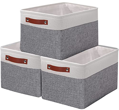 OUTBROS Faltbare Aufbewahrungskörbe mit Griffen, Verdicktes Stoff Aufbewahrungsbox 3er Set, Boxen Aufbewahrung für Schrank, Regale, Schlafzimmer, 37x26x20cm, Weiß/Grau