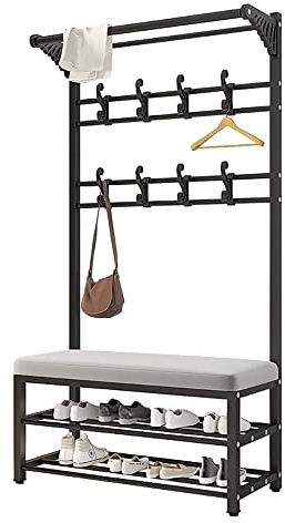 angroups Garderobenständer Vintage mit Sitzfläche,Garderobe mit 2 Ebenen Schuhregal, Multifunktionale Kleiderständer aus Metall mit 10 Haken und Sitzbank für Schlafzimmer Flur,100X30X175CM