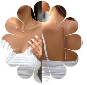 Inateannal Perle Y-Halskette für Hochzeit Braut - Silber Hintergrund, Lange Rücken Kette mit Sexy Quaste - Körperschmuck für rückenfreies Kleid, Frauen