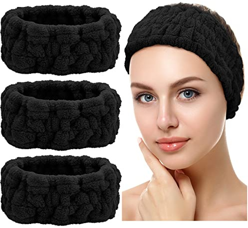 3 Diademas Faciales de Felpa de Spa para Maquillaje y Lavar Cara Envoltura Banda de Cabeza Elástica Facial para Ducha Deporte Yoga para Niña Mujer (Negro)