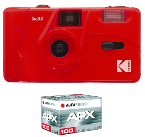 KODAK Pack M35 Argentique + Pellicule 100 ASA - Appareil Photo Kodak Rechargeable 35mm Scarlet, Objectif Grand Angle Fixe, Viseur optique , Flash Intégré + Pellicule APX 100, 36 poses | 36 Poses, Couleur Scarlet, Objectif Grand Angle Fixe, Viseur Optique, Flash Intégré