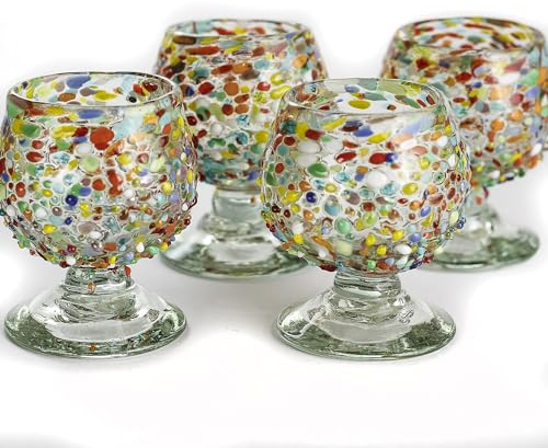 MEXTEQUIL - Authentic Mexican Tequila Hand Blown Shot Glasses - Set of 4-2 oz - Mini Glass Snifters - Heavy Base - Cognac (Confetti)