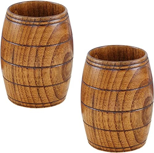 OIDESA Tea Mug Coffee cups 2 Pcs Wooden Barrel Shaped Beer Mugs, 210ml Wooden Tea Cup,Japanese Drinking Cup,Coffee Mugs,Milk Wine Mug,Big Capacity Wooden Beer Cup,Camping Cup