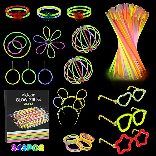 Vicloon Bâtons Lumineux Fluorescents, 343pcs Tube Fluorescent Bracelets Fluorescents Lumineux Glow avec Connecteurs pour Faire des Colliers et Des Bracelets pour Carnaval,Fête,Deco Fluo