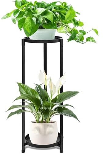 KHayRovies 2 livelli Porta piante da interno, supporto per piante in Metallo, Piante Stand Fiore Porta Piante piedistallo, Scaffale per piante porta vasi per balcone angolo esterno giardino (Nero-1P)