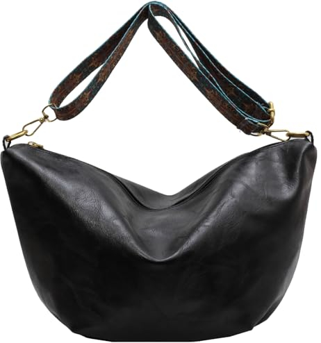 Makukke Umhängetasche Damen Gross PU-Leder Crossbody Bag mit Hobo Breiter Gurt Vintage Schultertasche Beuteltasche für Büro Arbeit Reisen Ausflug Einkauf,Schwarz Tasche