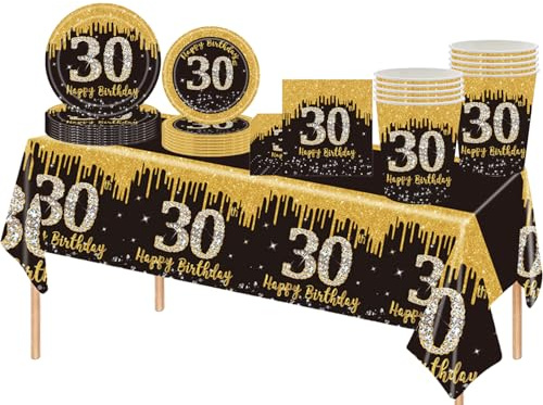 69pcs Black Gold 30th Birthday Decorations - Happy 30th Tablecloth, Paper Plates, Napkins, Cups for Him, Her