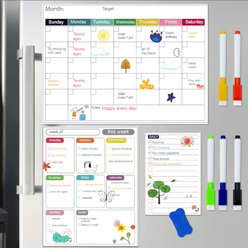 Magnetisches Whiteboard, trocken abwischbar, digitaler Kalender, Planer, Wand, magnetischer Notizblock für Rridge mit monatlichem, wöchentlichem Kalender, Tagesplaner, Magnettafel, 1 Löschen und 5