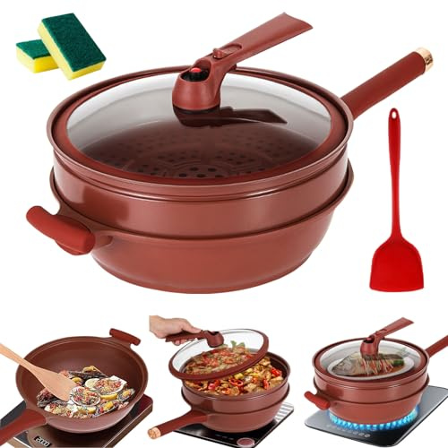 Antihaft-Pfanne aus Ton mit Dampfkorb, Wok-Pfanne mit Silikonspatel und 2 Reinigungsschwammen, Dampf und Kochen, alles in 1, für Elektroherde, Induktion und Gasherde