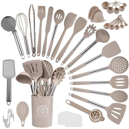 Truevaste Küchenhelfer Set Silikon, 45-teiliges Küchenutensilien Set mit Utensilienhalter und S-Haken zum Aufhängen, Hitzebeständiges, Spülmaschinenfestes, khaki