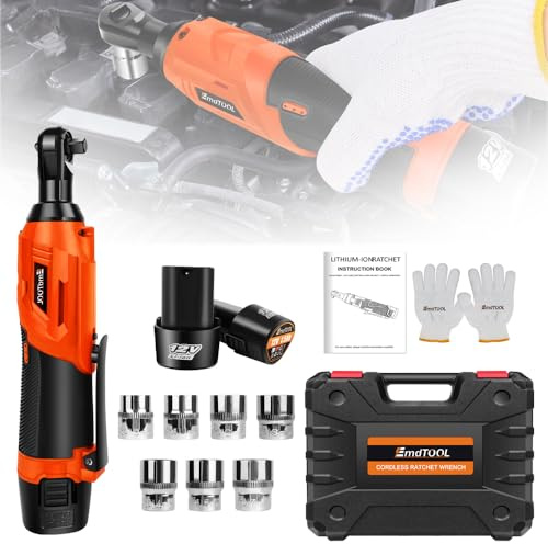 Qimu 3/8 Cordless Ratchet Wrench 12V Power Electric Ratchet Driver, 40Nm Torque 90 Degree Right Angle Power Ratchet Wrenches Set with 2X 1500mAh Lithium-Ion Batteries, Fast Charger, 7 Sockets