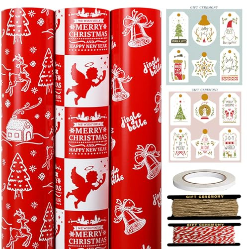 FullJoyHut 3 Rollen Weihnachtsgeschenkpapier je 43cm x 3M - Rotes Geschenkpapier Weihnachten Rollen Set, Weihnachtspapier mit Geschenkanhänger Geschenkband für Xmas Geschenkverpackung