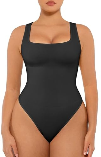 FeelinGirl Womens' Seamless Tummy Control Bodysuit Tank Tops Bodysuits Thong Bodysuit Shapewear Black XS/S