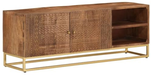 Homgoday TV-Schrank 110 x 30 x 40 cm aus massivem Mangoholz und Eisen, TV-Möbel, TV-Schrank für Wohnzimmer, niedriger Schrank für industrielle Fernseher, TV-Ständer STYLE371996