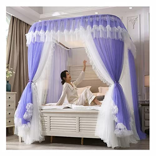 SIAMZYWV U-förmiger Betthimmel mit Moskitonetz für Einzel- und Doppelbetten, dekorativer Bettvorhang für Schlafzimmer mit Rockkante, mit Metallhalterung (Farbe: Blau, Größe: 180 x 200 x 210