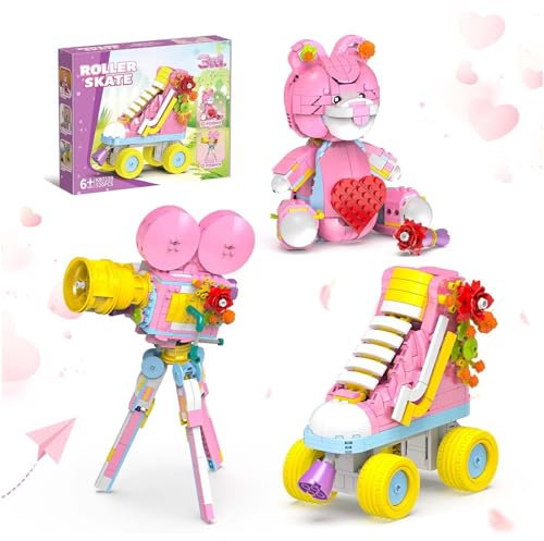 TOY PLAYER Creator Kit de construction 3 en 1, 520 pièces, patins à roulettes, ours en cœur avec rose et projecteur de film pour filles et amies