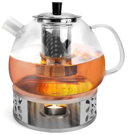 TYBYBB 1500ML Teekanne mit Siebeinsatz aus Glas, mit Stövchen, Teapot with Strainer, Teekanne mit Teelicht Wärmer, für Losen Tees Fruchttee Duftender Tee (GlasteekanneSet)