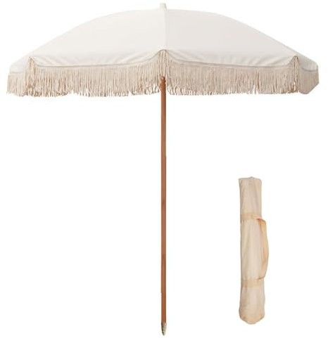 Parasol de Jardin Boho de 200 cm avec Franges,Parasol de Jardin UPF50+ avec 8 Baleines,Parasol de Plage pour Extérieur,Vacances, Pelouse, Piscine, Arrière-cour, Poteau en bois robuste