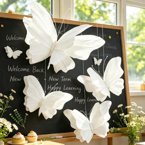 SUNBEAUTY 4Pcs Large White Butterfly Decorations Hanging Paper Butterflies | 3D Butterfly Birthday Decoration for Garden Party Decoration Girls Women Birthday Table Decoration Indoor Summer Decor