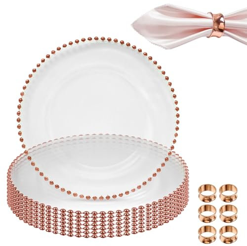 Clear Glass Charger Plate Set with Rose Gold Beaded Rim & Hammered Napkin Rings – Elegant Table Decor for Weddings, Banquets, Party, Birthday & Special Events - 6 Pieces