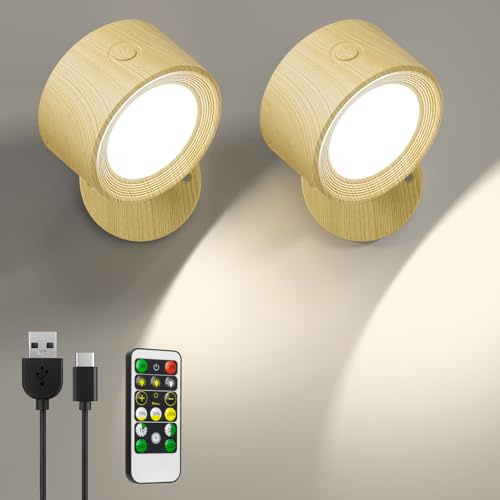LED Wandleuchte Kabellos, 2 Stück Akku Wandlampe ohne Bohren Aufladbare Lampen, 3 Farbmodi Dimmbar Wandlicht Nachttischlampe mit Fernbedienung, 360° Indirekte Strahler für Kinderzimmer Schlafzimmer