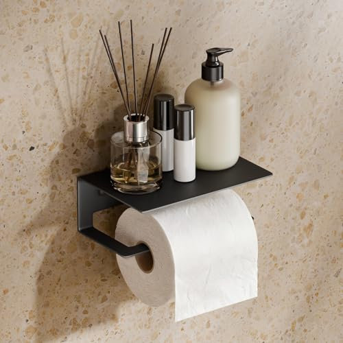S'AFIELINA Toilettenpapierhalter mit Ablage, Edelstahl 304, Wandmontage mit Kleber oder Schrauben, 16x11,1x6 cm Klopapierhalter ohne Bohren, WC-Rollenhalter mit Regal, Schwarz Matt