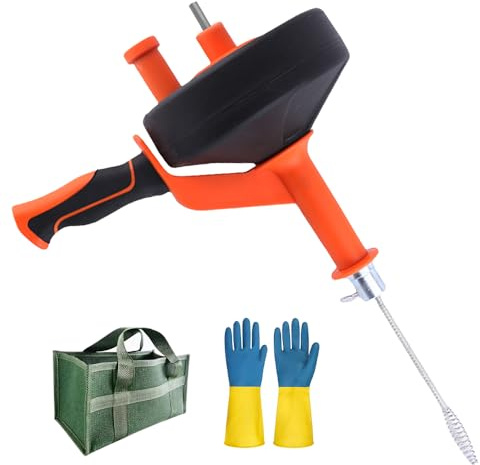 KBIBCK Spirale de Nettoyage de Tuyau[10m], Furet Déboucheur Canalisation avec Tambour en Métal,Outil de débouchage,Livré Avec des Gants et un Sac en Roile,Pour Douche, Baignoire, évier, Cuisine
