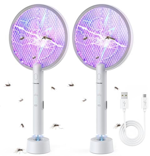 PALONE Racchetta Zanzare Elettrica 4000V - 2 PCS Insettivoltore Ricaricabile USB con 6 Luce LED, Doppia Funzione per Interni/Esterni, Tripla Sicurezza per Casa/Giardino - Bianco