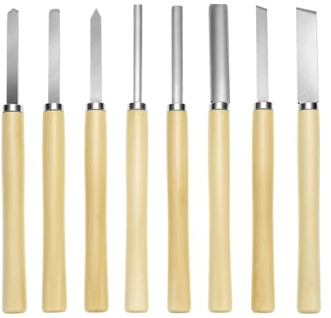QWORK Wood Turning Chisel Set, 8 Pcs Lathe Chisel Set with Triple Tempered Chromium-Vanadium Steel for Woodworking and Craftsmanship